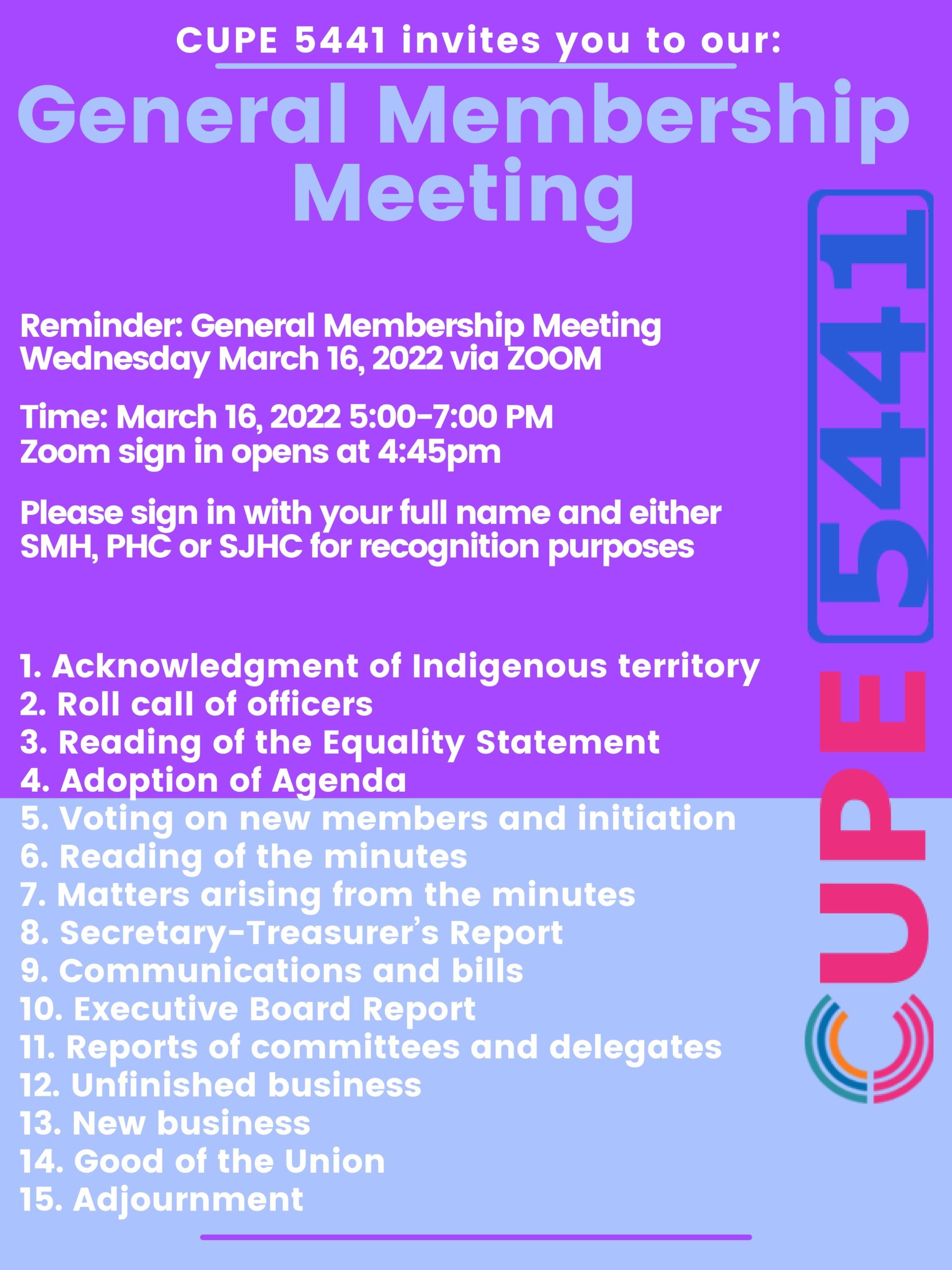 General Membership Meeting March 16, 2022 CUPE 5441